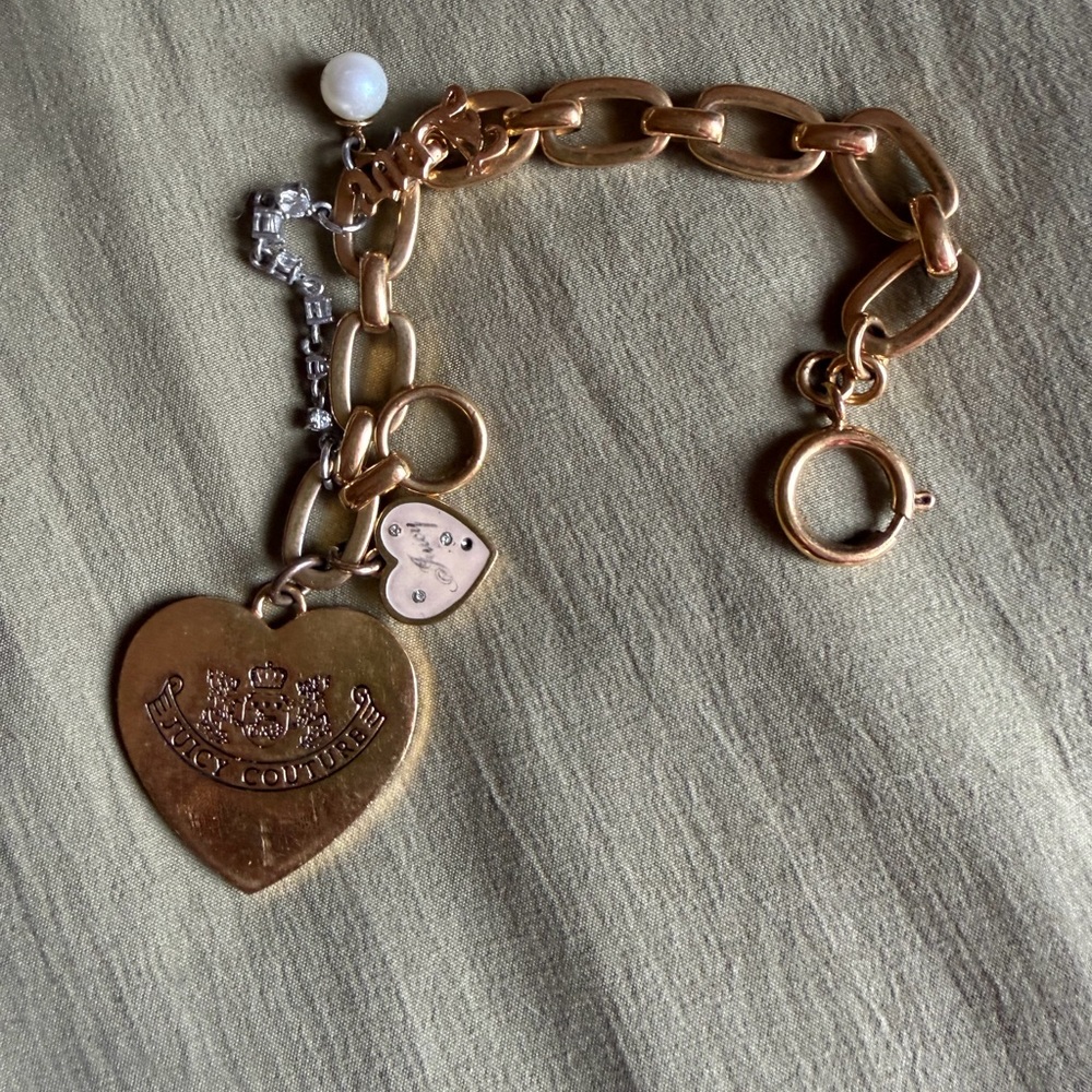 Juicy Couture Gold Heart Charm Bracelet with Pearl Accent